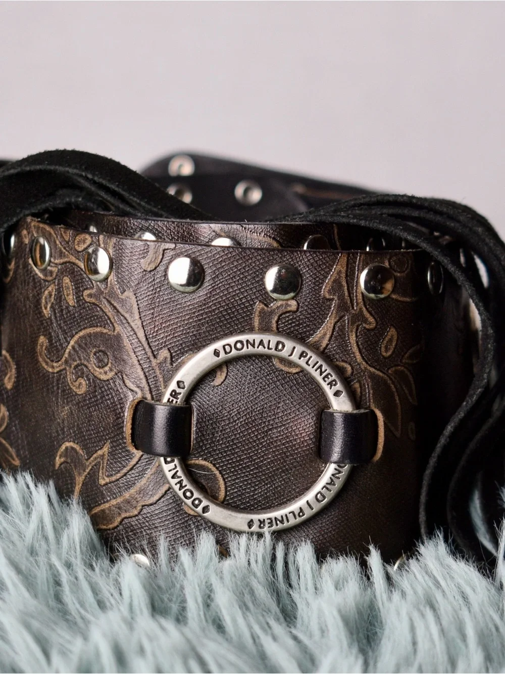 Donald J Pliner Leather Wrap Belt Chocolate Brown Studded Embossed Tie Rare